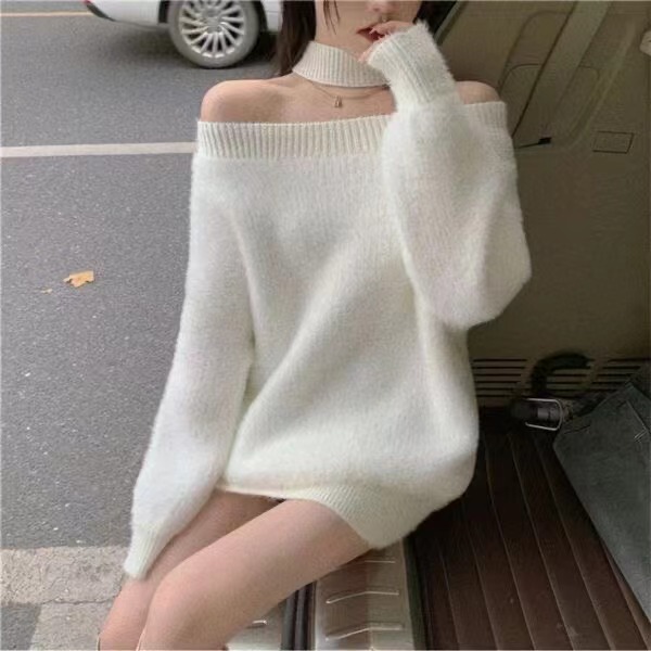 Shoulder Sexy Fried Street Sweater Women's Autumn and Winter New French Fashion Design Sense Hanging Neck Knitted dress Shoulder Sexy Fried Street Sweater Women's Autumn and Winter New French Fashion Design Sense Hanging Neck Knitted dress