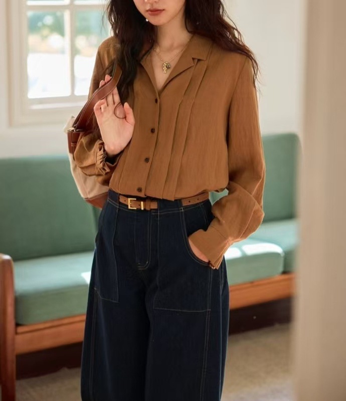 solighte 法式古巴领长袖衬衫女秋季垂感衬衣|undefined