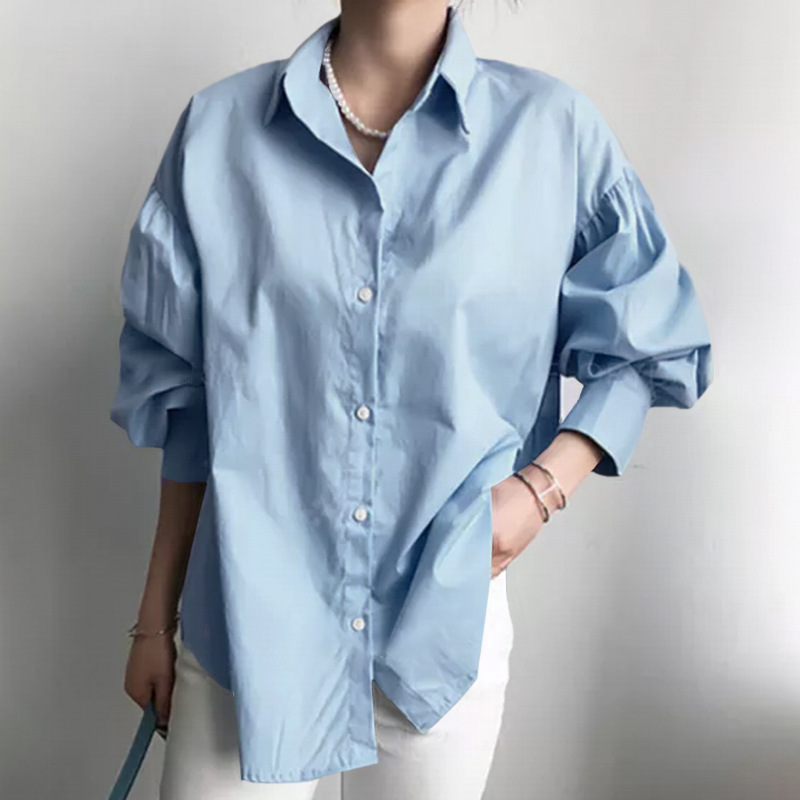 Europe and the United States cross-border leisure lantern sleeve lapel top 2025 vintage solid color top women's office blouse
