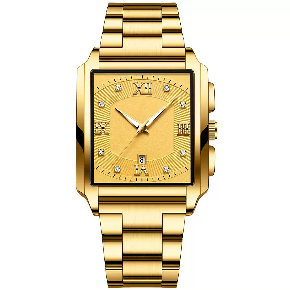 新款长方形男士精钢带简约运动户外日历石英手表防水腕表