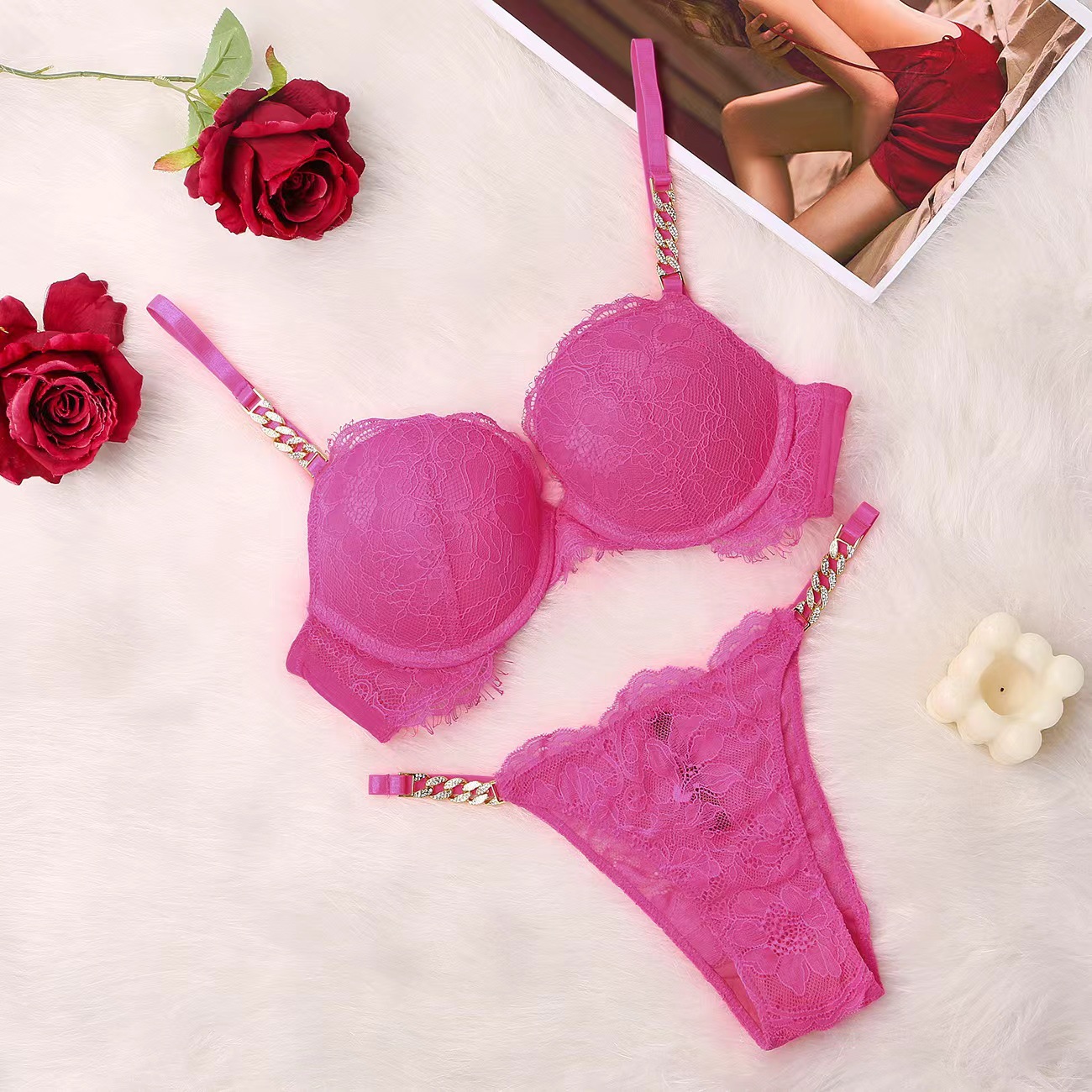 Comercio exterior estilo europeo y americano sexy push up soporte superior ropa interior de belleza las mujeres espalda delgada Correa hombro encaje cadena metal sujetador traje