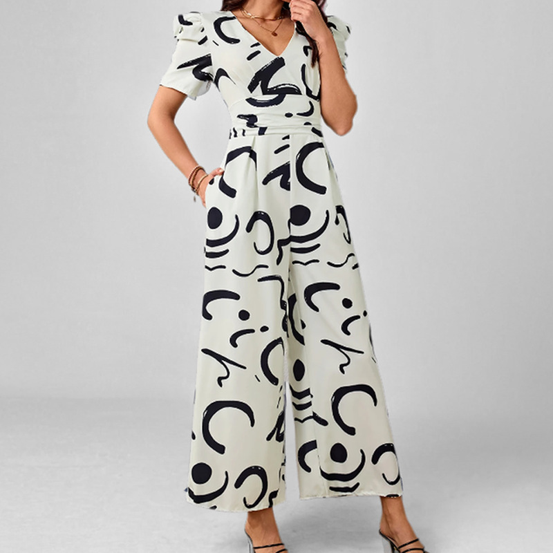 2026 primavera nueva moda europea y americana de comercio exterior de mujeres transfronterizas estilo de viaje de cintura alta impresión de cuello en V de piernas anchas image 1