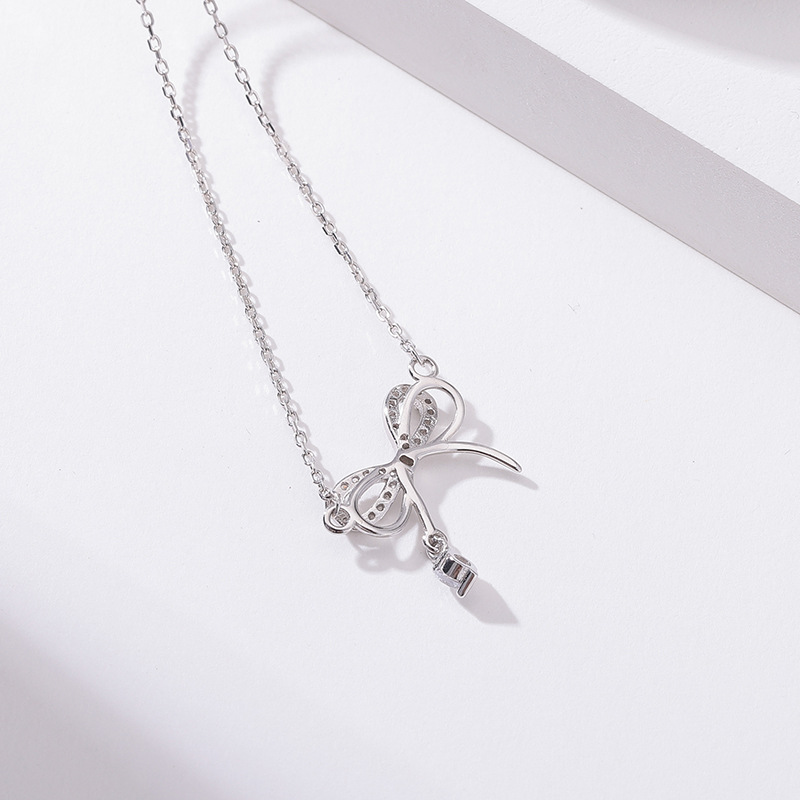 Simple Style Bow Knot Sterling Silver Pendant Necklace Inlay Zircon 925 Silver Necklaces