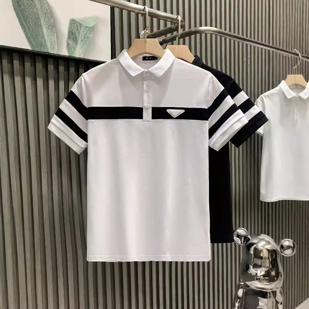 Black and White Striped Collar Light Luxury Men's Short-Sleeve Polo Shirt Trend Brand Badass Versatile Clothing