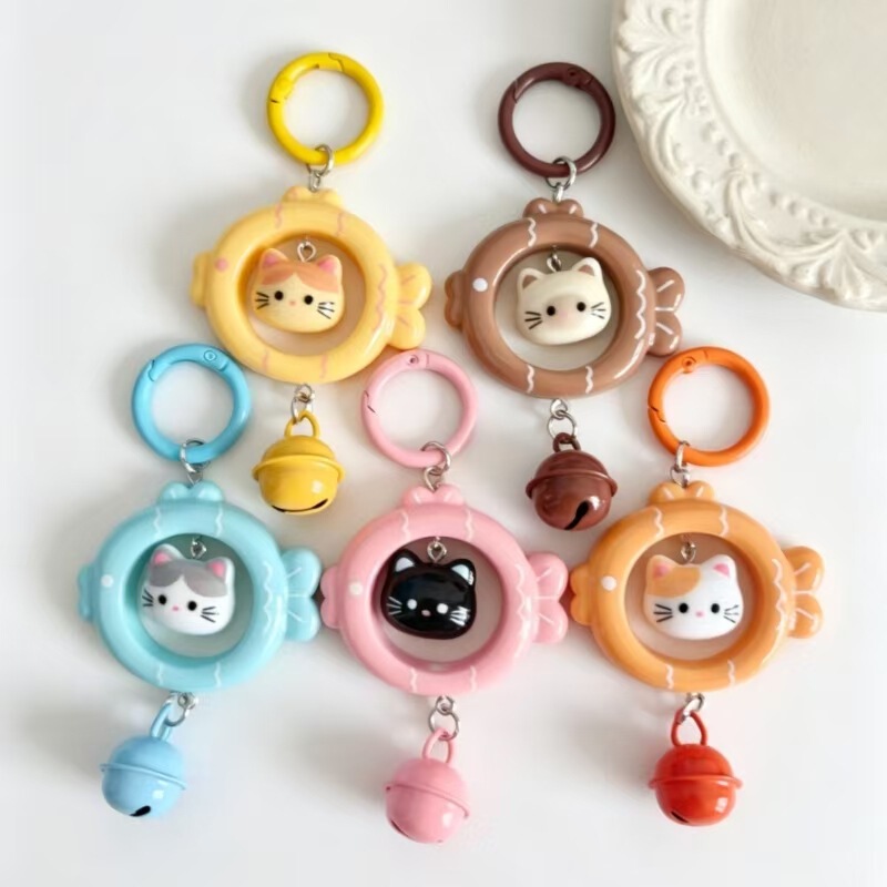 Cat and Fish Keychain Colorful 3D Bell Pendant Cartoon Student Bag Accessories Wholesale