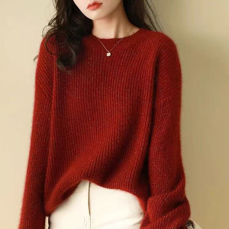 2025 New Autumn and Winter Christmas Style Round Neck New Year Red Knitted Sweater Women's Loose Pullover Cashmere Inner Top