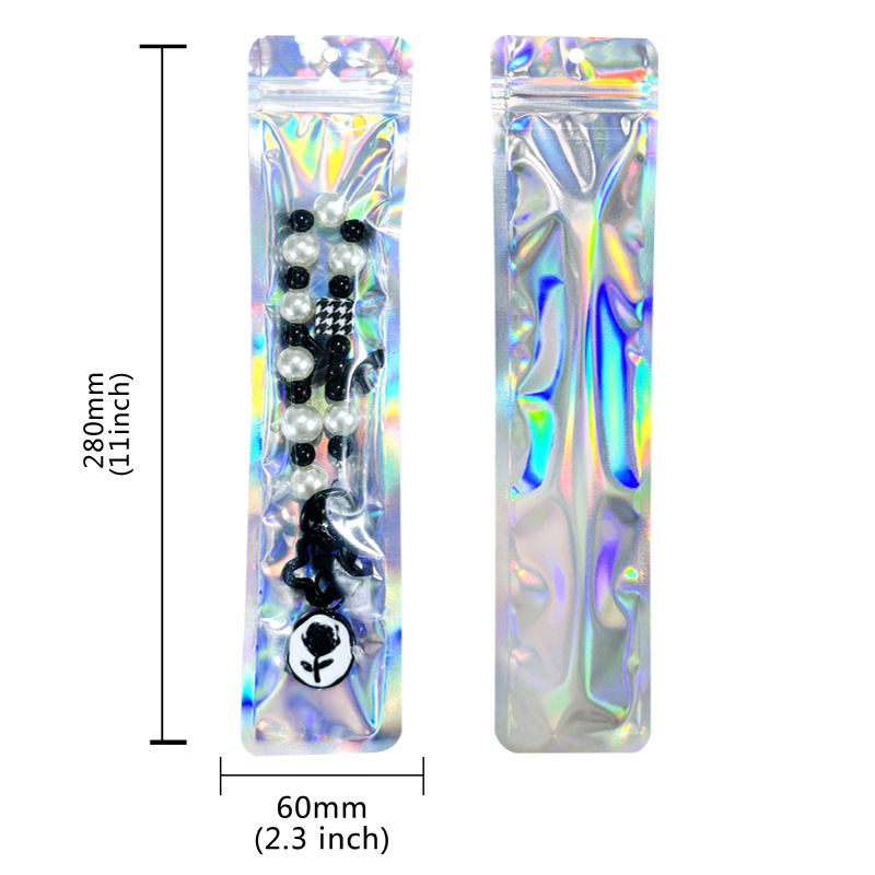 Bolso sellado de tira larga con orificio colgante, bolsa sellada hermética de yin y yang translúcida con láser grueso, cable de datos de joyería, bolsa de embalaje de cepillo de maquillaje