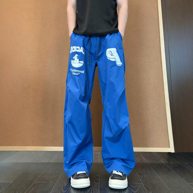 Blue Pleated Sports Quick-Dry Pants for Men, Summer Thin Style, Hip-Hop American Letter Print, Loose Casual Pants