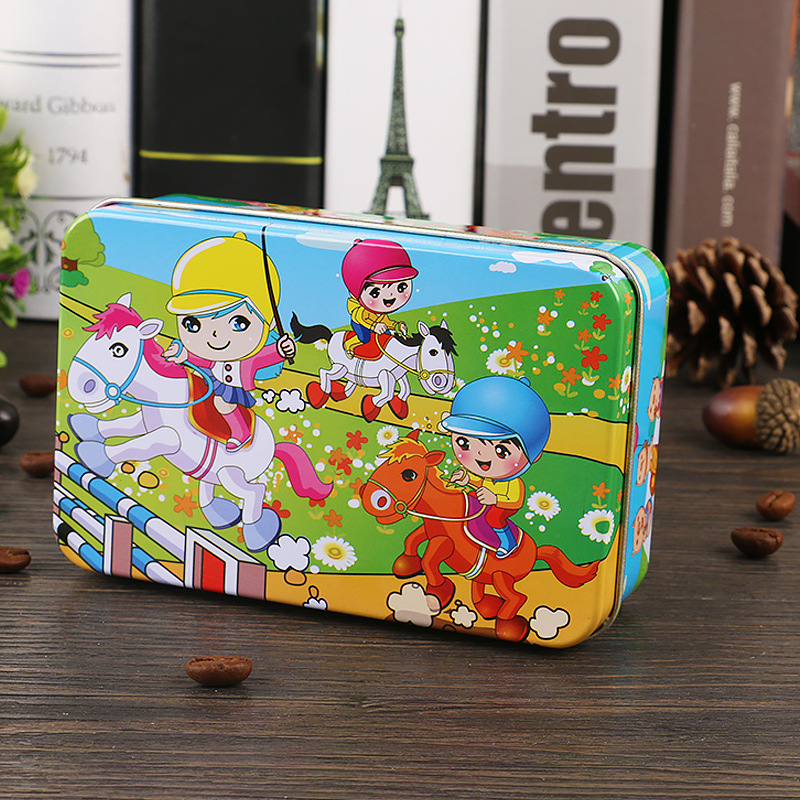 Nuevo estilo 60 piezas 200 piezas dibujos animados para niños dibujos animados madera caja de hierro rompecabezas bebé escuela primaria juguetes educativos al por mayor