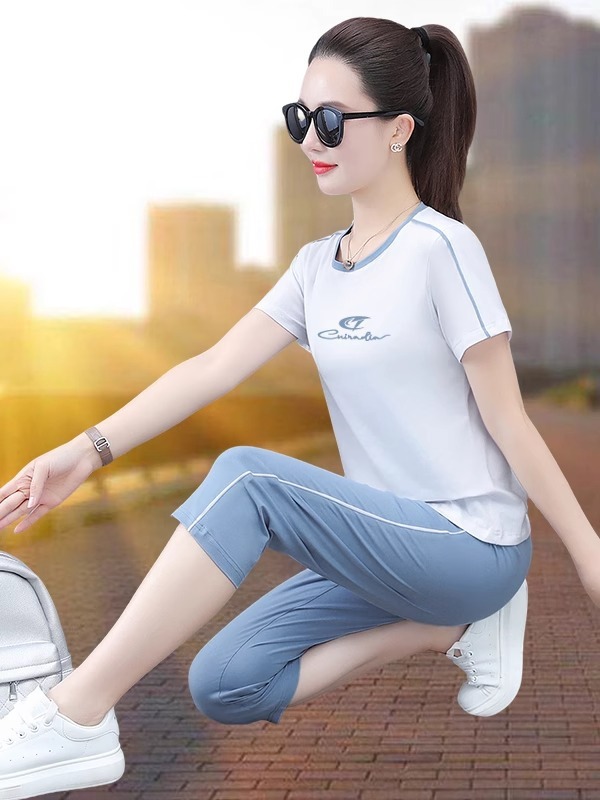 纯棉运动套装女夏季薄款2025新款休闲跑步健身服短袖七分裤两件套|undefined