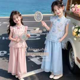 汉服女童套装夏季新款洋气儿童唐装改良蝴蝶提花马甲女宝宝两件套