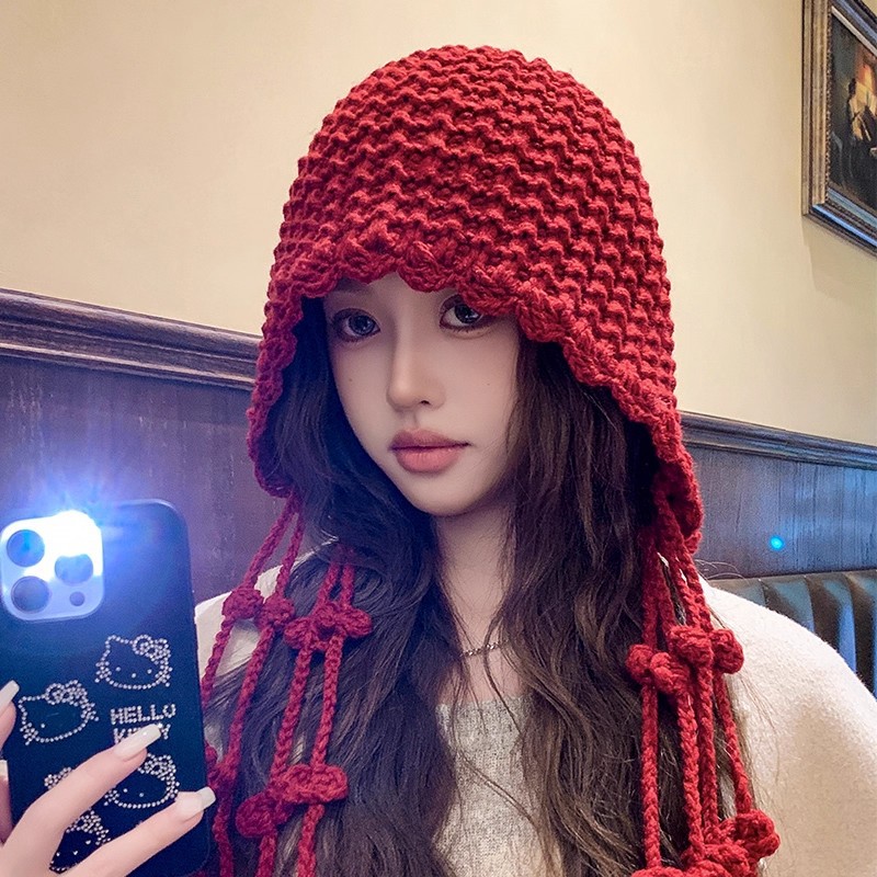 日系网红流苏红色毛线帽子女秋冬韩版甜美可爱护耳保暖包头针织帽
