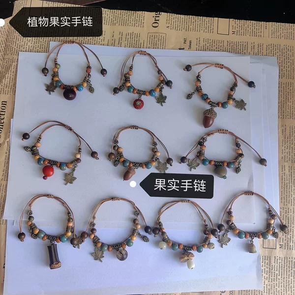 Original Design Pinecone and Bodhi Seed Bracelet, Creative Plant Fruit Bracelet, Vintage Forest Style, Artistic Ethnic Style Bracelet for Women