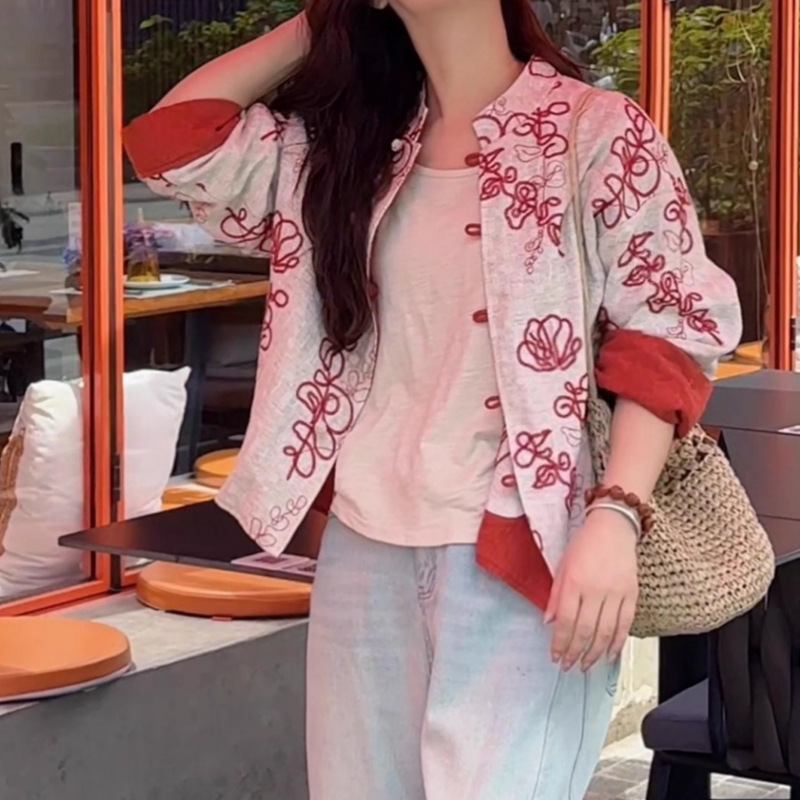 新中式红色印花衬衫外套女2025秋季新款独特超好看唐装盘扣上衣潮|undefined