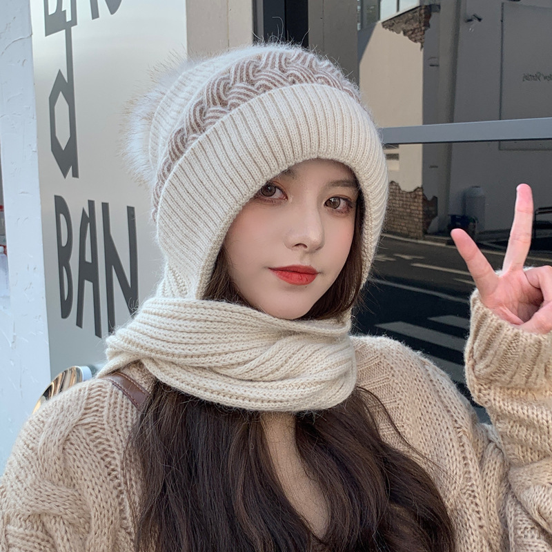 冬の帽子のマフラーの一体の女性の韓国版の冬の保温のウサギの毛のニットは自転車に乗ります。|undefined