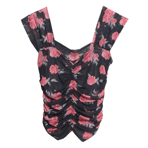 Navel-baring floral mesh camisole travel short style small square neck outer wear pleated sleeveless top 8871