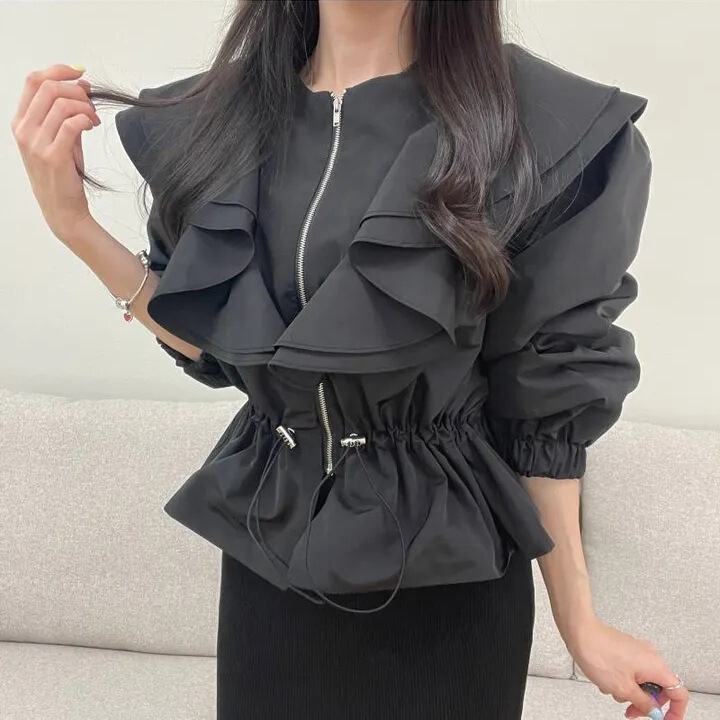 Korean Chic Spring French Retro Splicing Ruffled Pleated Drawstring Waist Long-Sleeved Short Windbreaker Jacket for Women