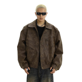 American Trendy Brand Retro Distressed Leather Jacket Men's Spring & Fall New Handsome Design Niche Casual Lapel Jacket