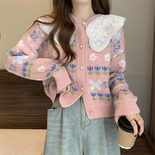 时尚娃娃领针织开衫女秋冬新款毛衣外套设计感减龄上衣