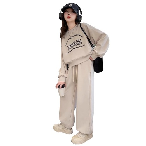 Women's Han Style Casual Set, Big Kids Spring and Autumn New Trendy Letter Hoodie and Stylish Straight Leg Pants Two-Piece Set