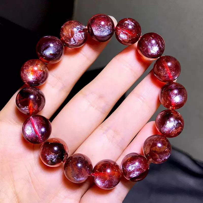 天然红胶花手链 红胶花 异象水晶俏色手串异像水晶鸩羽金鲤鱼手串