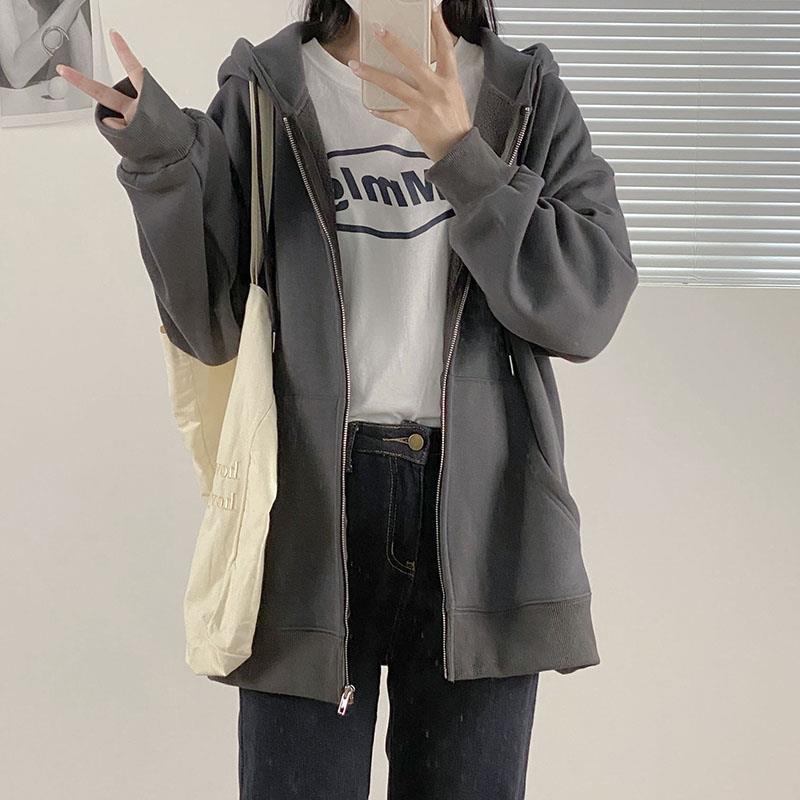 Pesado Corea del Sur Dongdaemun suéter a principios de otoño cremallera suelta más el tamaño las mujeres con capucha cardigan estudiante Top moda