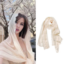 2025纯色新款蕾丝拼接丝巾时尚百搭围巾女春夏外搭印花雪纺薄丝巾