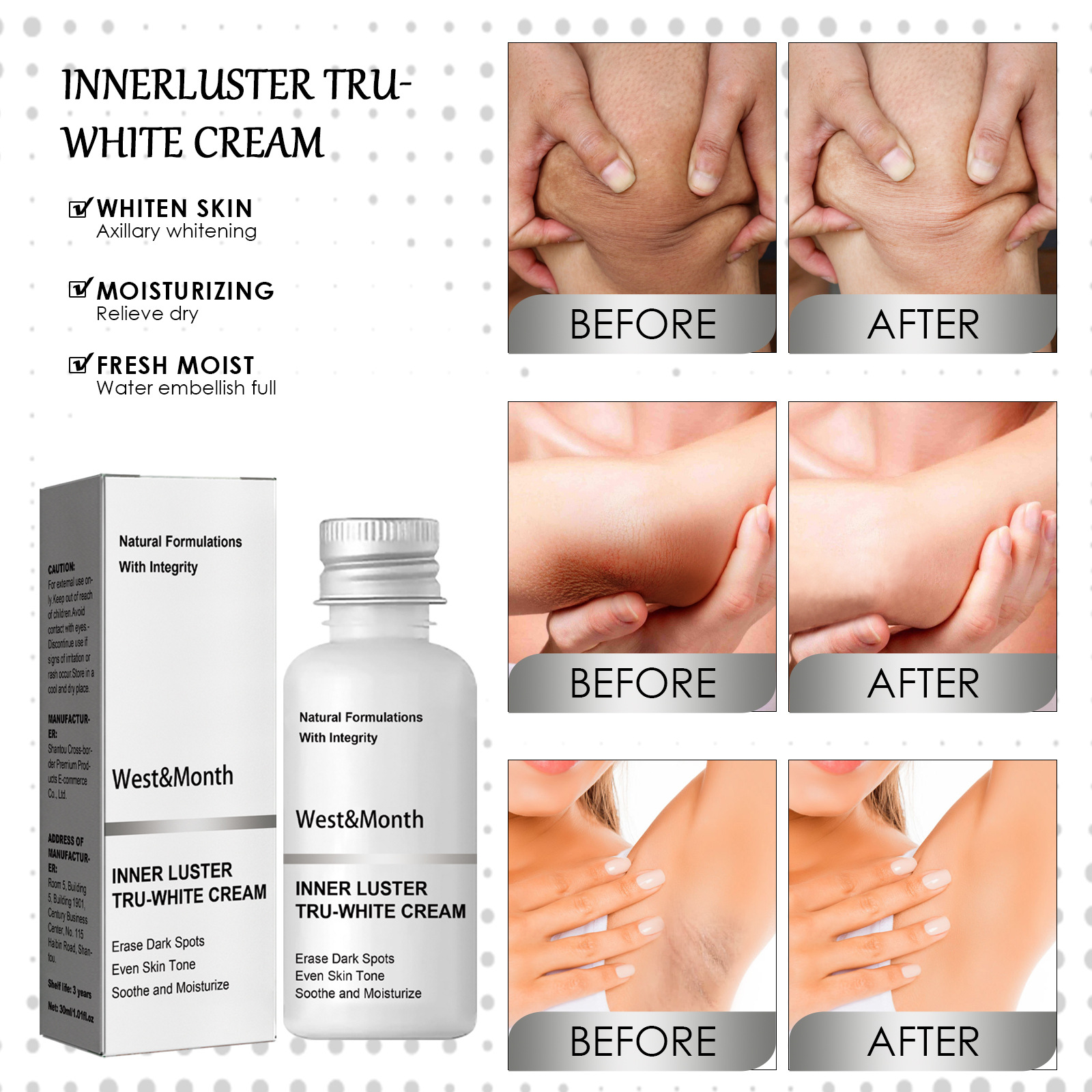 West&Month body whitening cream lightens black underarm knee joints, brightens skin tone, moisturizes and beau_voghion.com