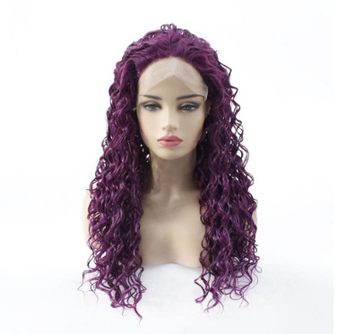 Pelucas europeas y americanas, pelucas de fibra química para mujer, moda pequeña curva, morado, pelo largo y rizado, capucha de encaje frontal LW0310