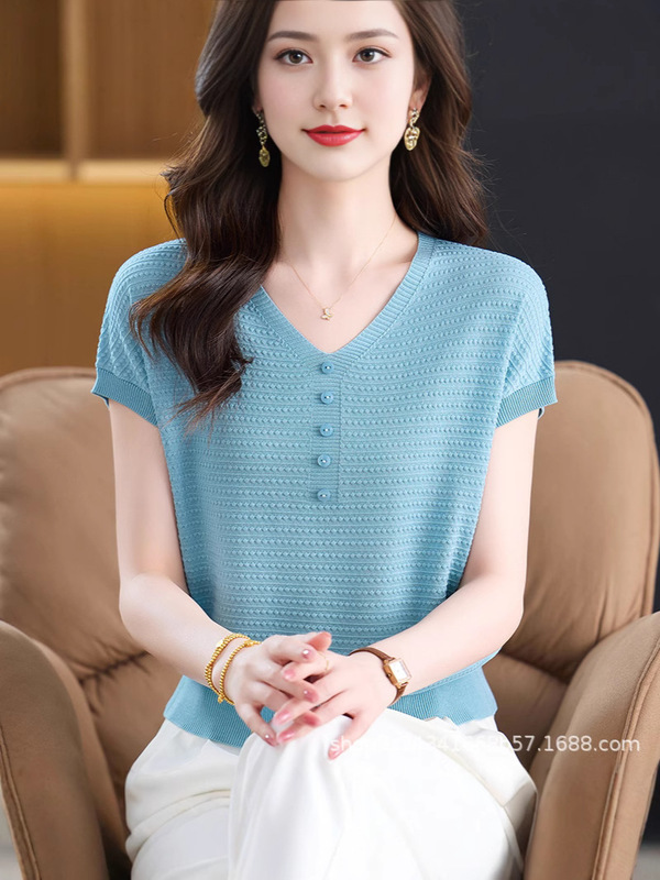 夏季冰丝针织短袖t恤女2025年新款时尚百搭V领薄款舒适T恤上衣女|undefined