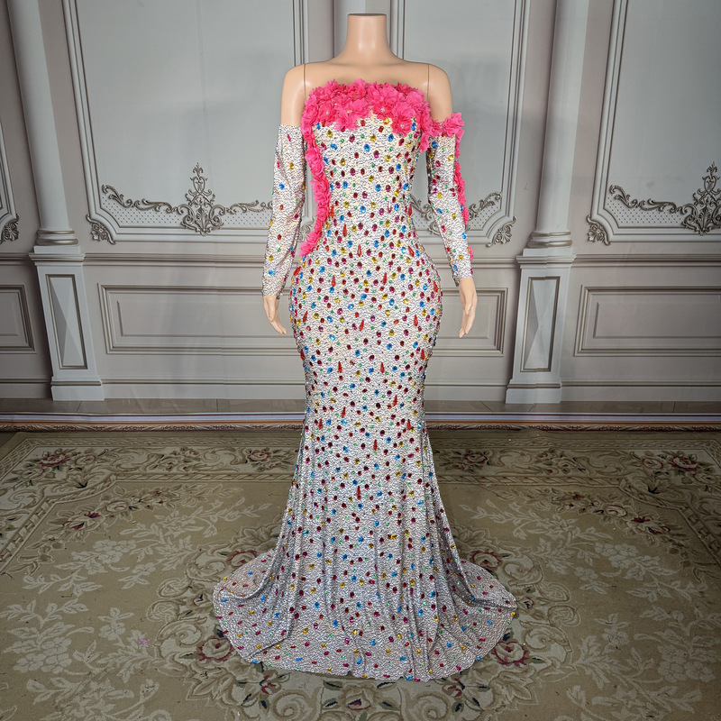 Colorful Rhinestone Flower Tube Top Dress Nightclub Bar Singer Performance Outfit Banquet Party Birthday Ball Gown Colorful Rhinestone Flower Tube Top Dress Nightclub Bar Singer Performance Outfit Banquet Party Birthday Ball Gown