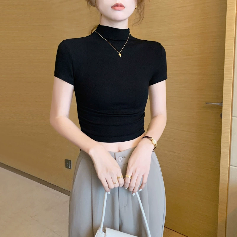 Черная женская футболка с короткими рукавами и половиной высокого воротника, лето 2025, новый стиль, тонкий короткий топ с короткими рукавами на правое плечо, обнажающий пупок