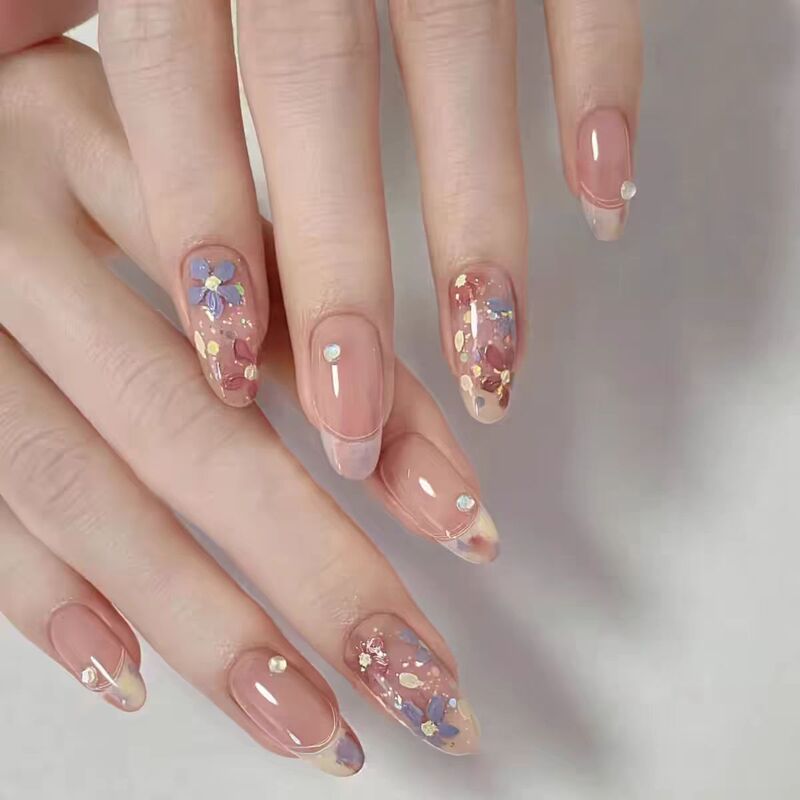 Hand-Wearing Nail Art Sweet Hand-painted Oil Painting Flower Flower High-grade Sense White French Spring Moon Summer Flower Nail Art
