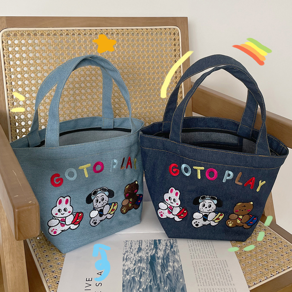 Lindo bolso de mano de mezclilla de dibujos animados bordado bolsa de almuerzo de moda bolso portátil cremallera bolso de la momia