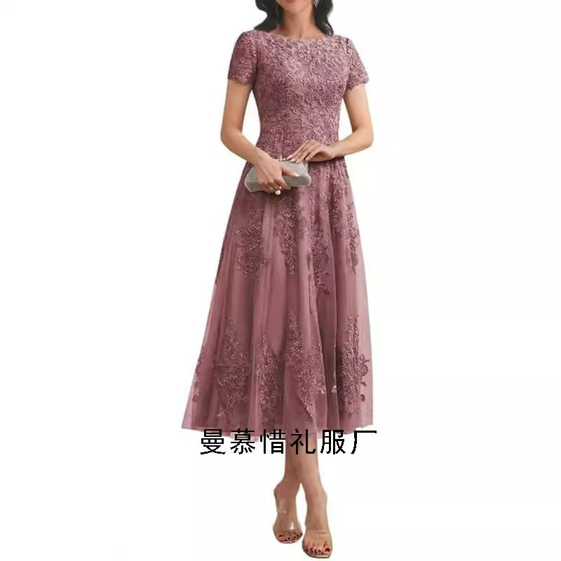 2025 New Amazon Mom Dress Wholesale Mid-Length Bridal Toast Dress Foreign Trade Multi-Color Cocktail Party Round Neck