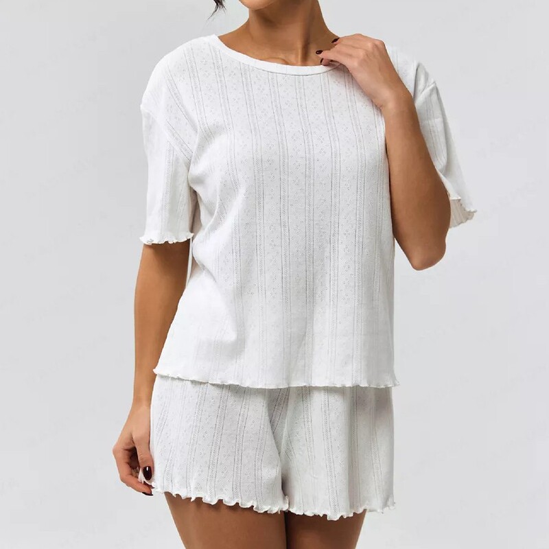 Specially Designed for Cross-Border Popular Items, This Cotton-Containing European and American Style Women's Summer Rolled-Edge Five-Quarter Sleeve Shorts Loungewear Set