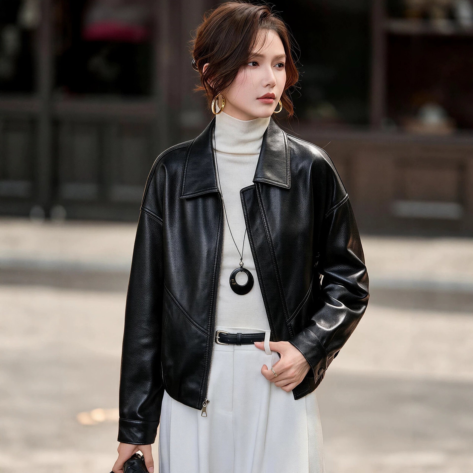 Haining women's leather jacket 2026 new autumn style sheepskin casual chic short leather jacket