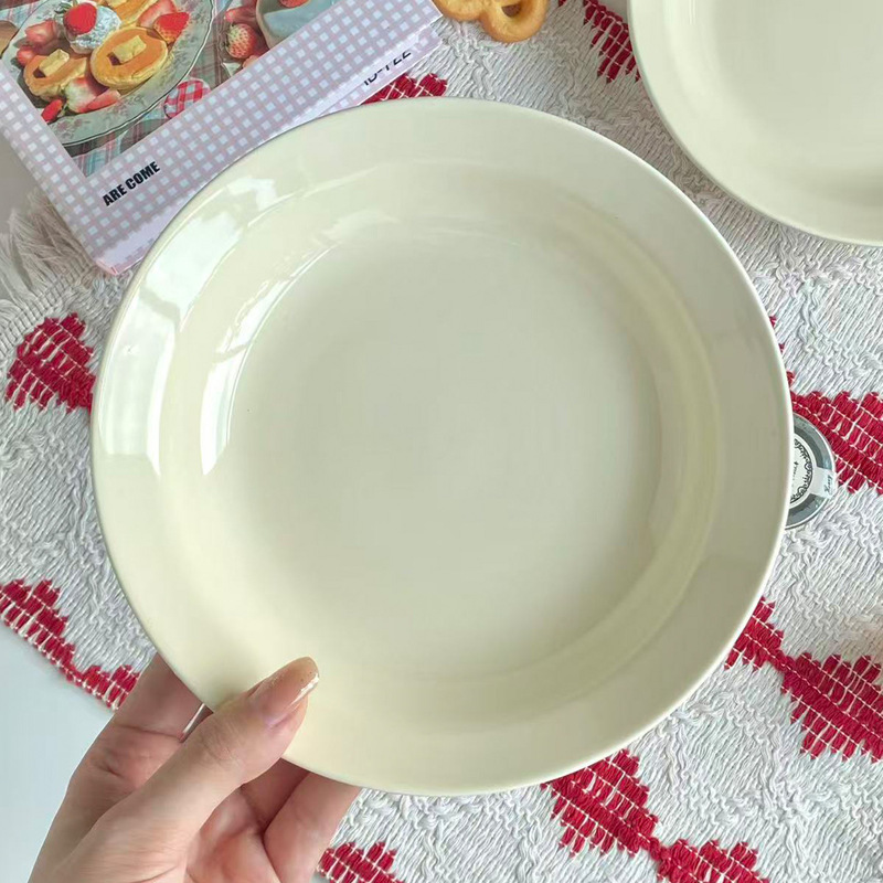 奶油色深盘ins风陶瓷盘子批发现货甜品盘家用纯色餐具圆形盘菜盘|undefined