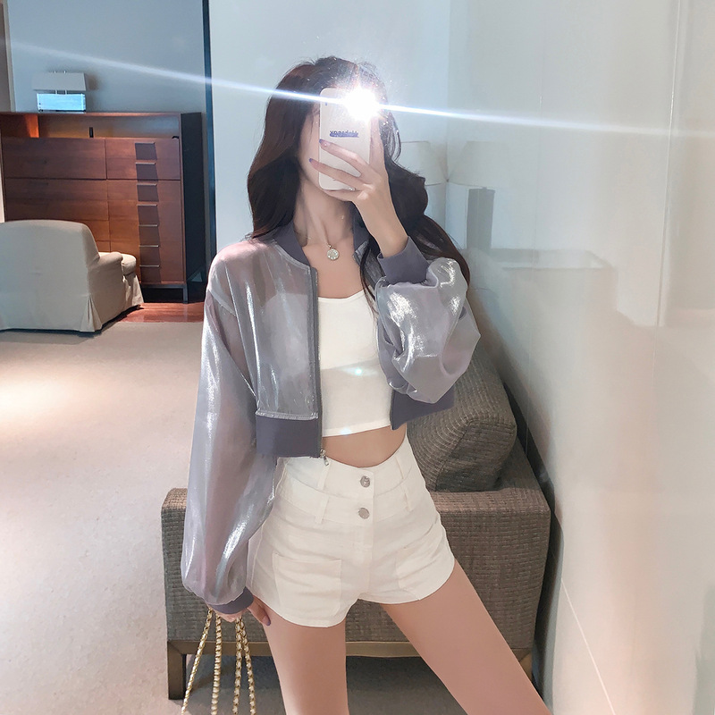 2025 Summer New Light Transparent Zipper Bright Silk Streamline Texturous Short Air-conditioning Shirt Sunscreen Coat Women 2025 Summer New Light Transparent Zipper Bright Silk Streamline Texturous Short Air-conditioning Shirt Sunscreen Coat Women