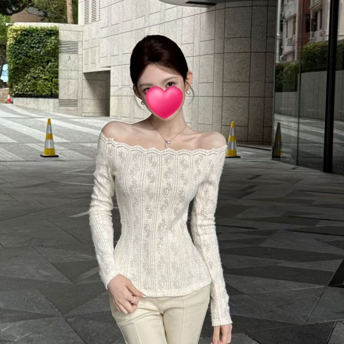 粉红PINK丨“高知御姐”ins风气质一字领修身蕾丝上衣