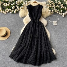 欧美名媛礼服女高级感V领重工褶皱网纱收腰蓬蓬蛋糕长裙连衣裙女