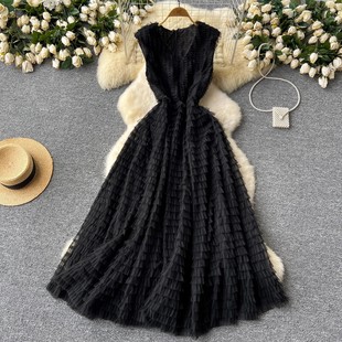 歐美名媛禮服女高級感V領重工褶皺網紗收腰蓬蓬蛋糕長裙連衣裙女