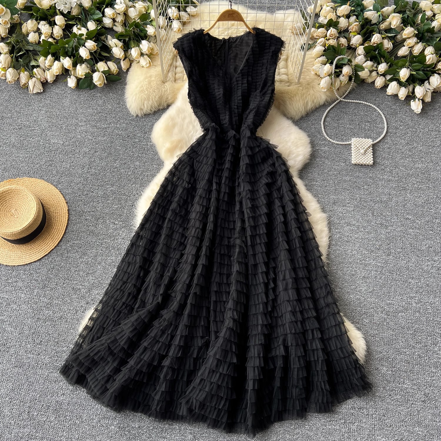 欧美名媛礼服女高级感V领重工褶皱网纱收腰蓬蓬蛋糕长裙连衣裙女