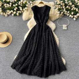 欧美名媛礼服女高级感V领重工褶皱网纱收腰蓬蓬蛋糕长裙连衣裙女