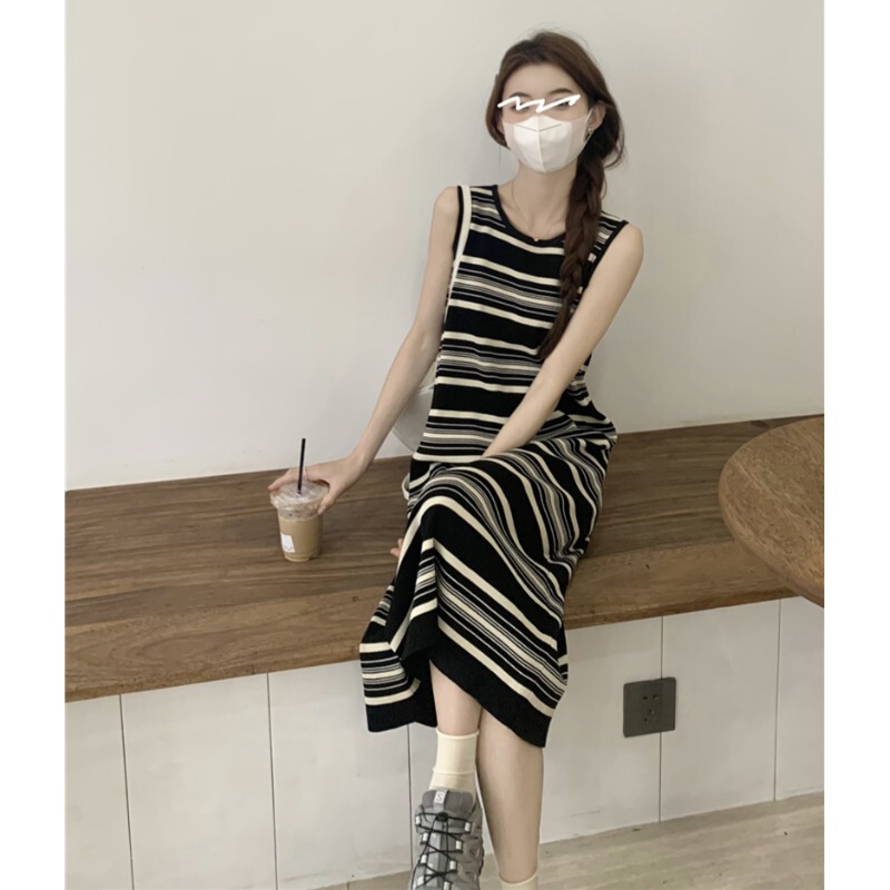Striped Straight Knitted Sling dress Women's Spring and Summer Casual Loose Vessel T-shirt Seaside Holiday Long Dress with Ankle