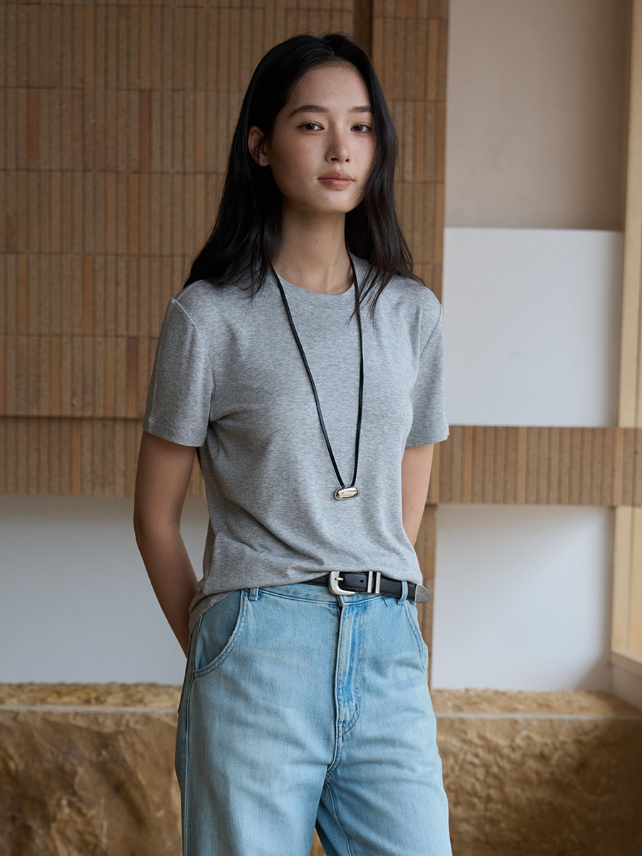 天丝莫代尔桑蚕丝短袖女夏季圆领羊毛外穿T恤修身显瘦百搭打底衫