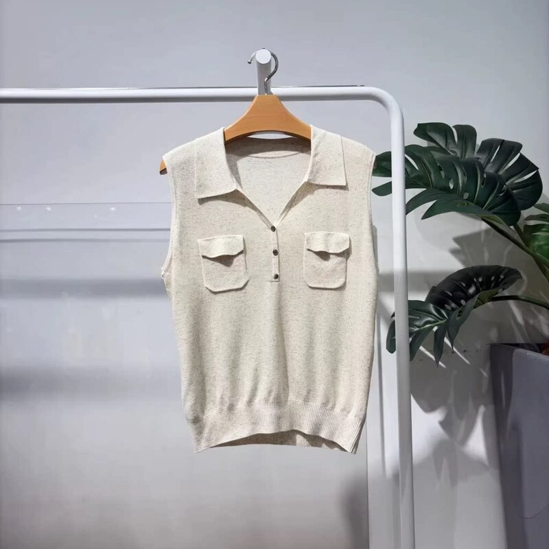 Mm Fanmailong 26 Summer Style Linen Light Luxury Style Lapel Knitwear Women's Versatile Sleeveless Vest 5H4331681 Mm Fanmailong 26 Summer Style Linen Light Luxury Style Lapel Knitwear Women's Versatile Sleeveless Vest 5H4331681