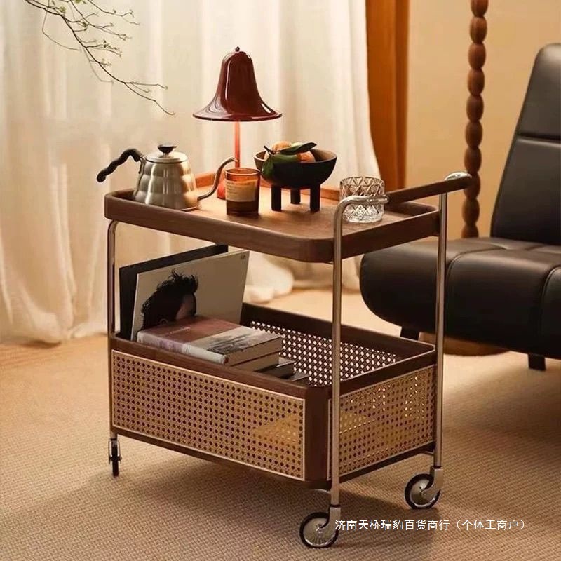 Vintage Solid Wood Storage Living Room Sofa Rattan Coffee Table Side Cabinet High-End Storage Bedroom Simple Cart Trendy
