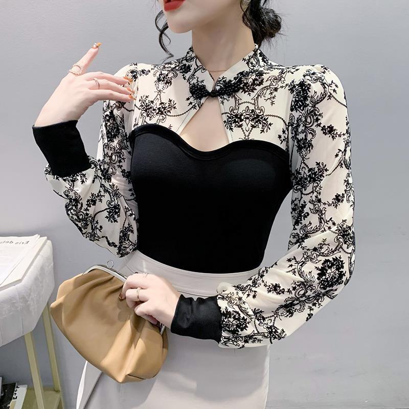 Real shot 2023 otoño nuevo impreso costura diseño retro chic stand collar manga larga Camiseta tocando fondo para mujeres image 2