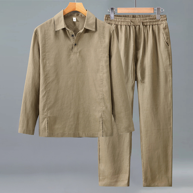 2554-3047 Pure Linen Long-Sleeved Shirt Men's Light and Breathable T-Shirt Spring and Autum Linen Casual Pants Suit